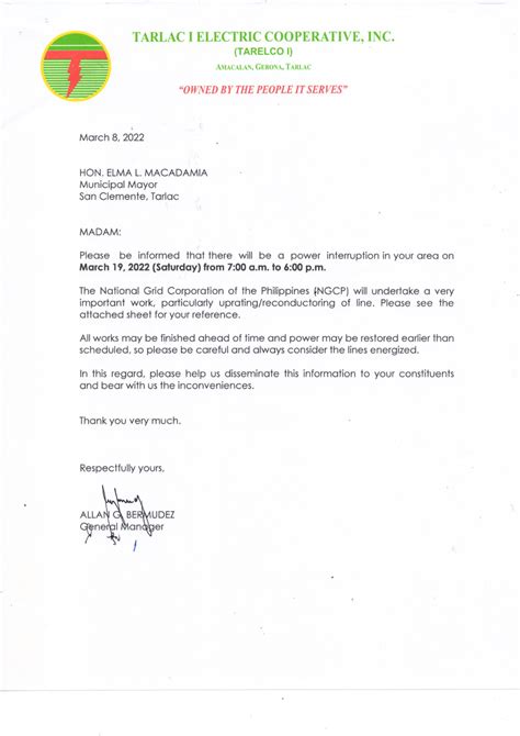 TARELCO 1 – NOTICE OF POWER INTERRUPTION .